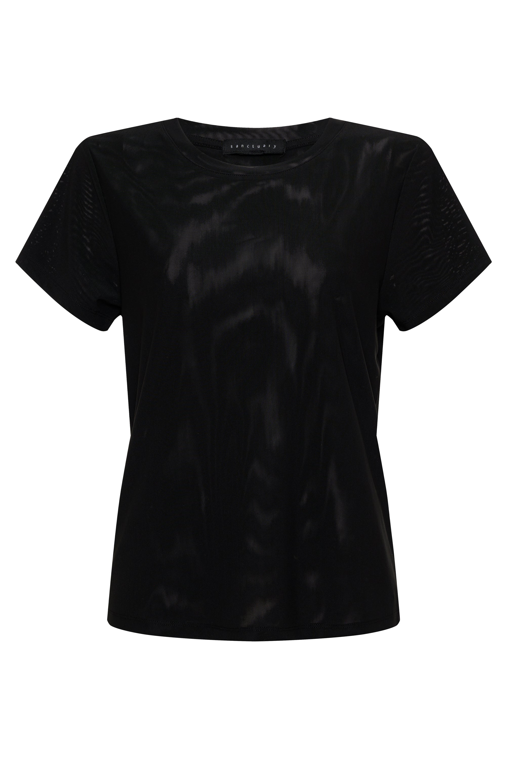 The Perfect Mesh Tee Black from Sanctuary Clothing, featuring short sleeves and a round neckline, is showcased against a plain white background. The fabric displays a subtle sheen, and the shirt boasts a straight, relaxed fit.