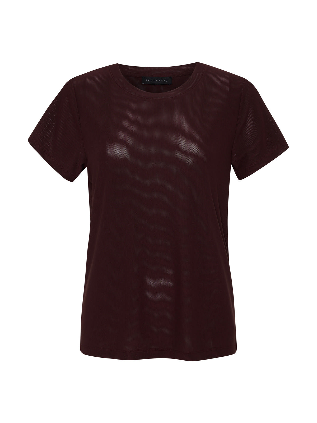 A plain, short-sleeved T-shirt in a dark cherry color with a round neckline and a subtle rippled texture on the fabric. The Perfect Mesh Tee from Sanctuary Clothing's Inclusive Collection appears to be made of lightweight material and is displayed against a white background.