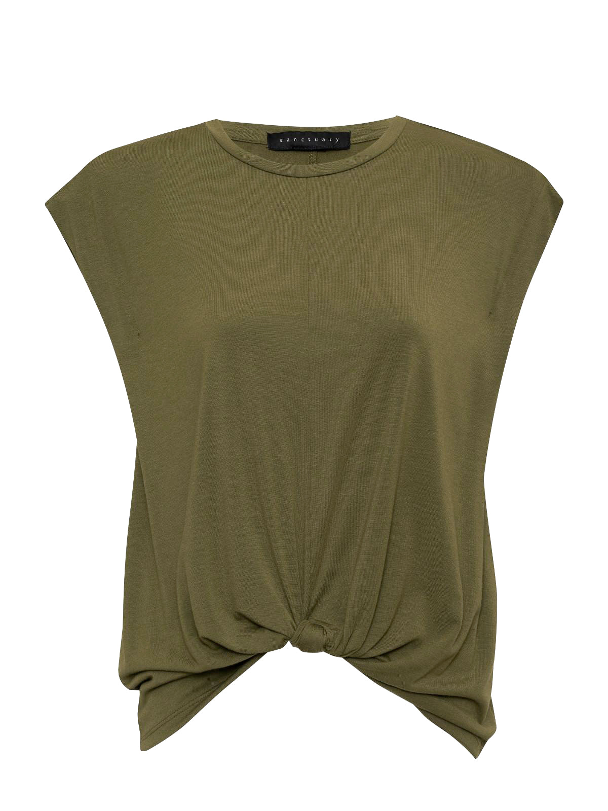 The New Era Tee Burnt Olive by Sanctuary Clothing is a sleeveless top with a loose fit and a knot detail at the front hem. It features a high neckline and is crafted from a soft, lightweight fabric. This minimalist top has no visible patterns or embellishments.