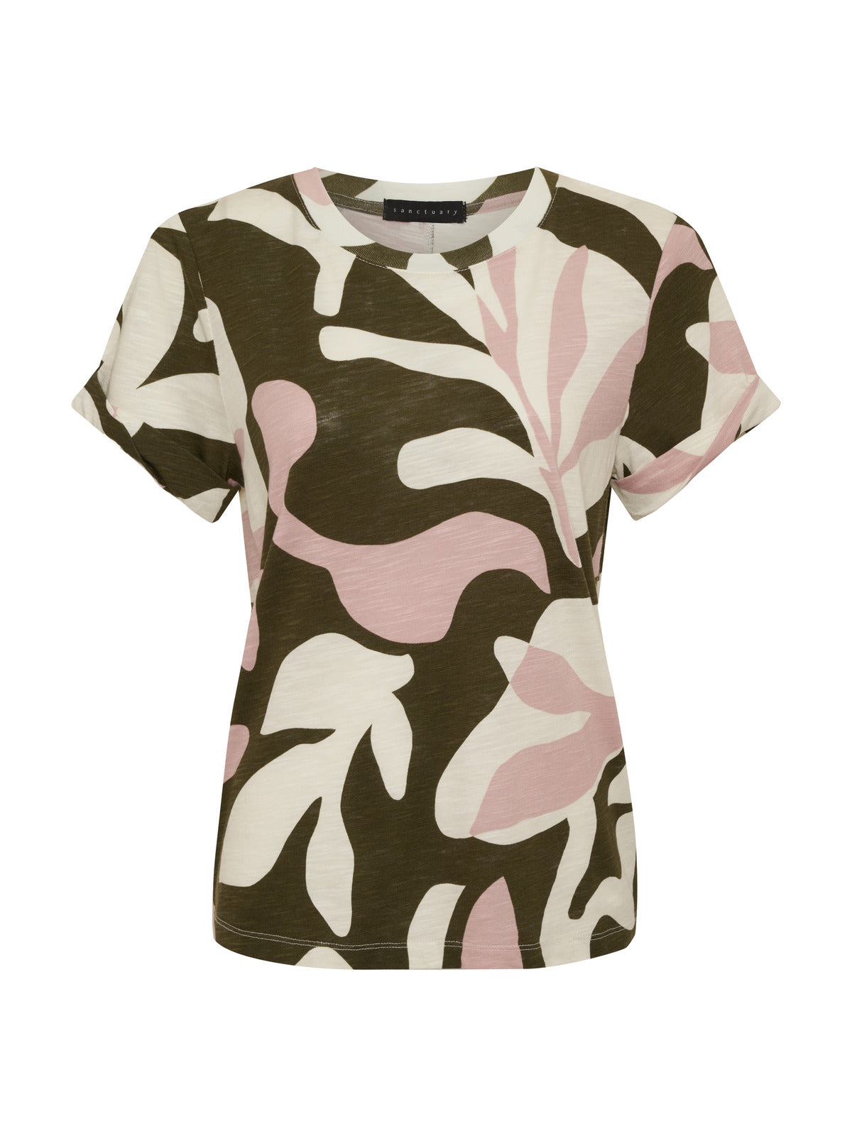 The Perfect Tee Remix Fatigue Mineral by Sanctuary Clothing is a short-sleeve t-shirt showcasing an abstract camouflage pattern in green, white, and pink. It features a round neckline and a casual fit.