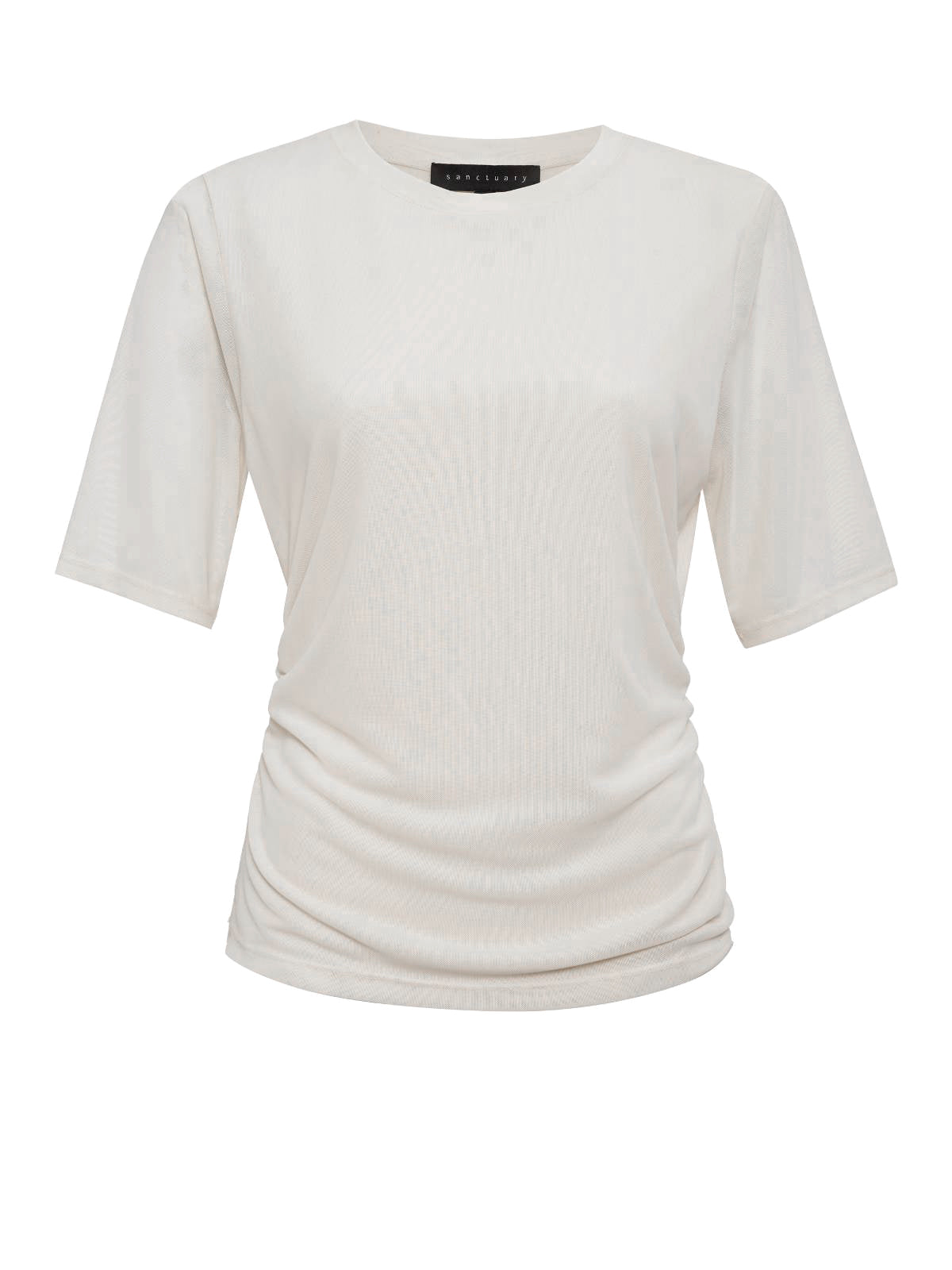 A Half Sleeve Perfect Mesh Tee Birch Inclusive Collection from Sanctuary Clothing is displayed against a white background. The shirt features a round neckline and subtle fabric draping along the sides, giving it a slightly gathered appearance.