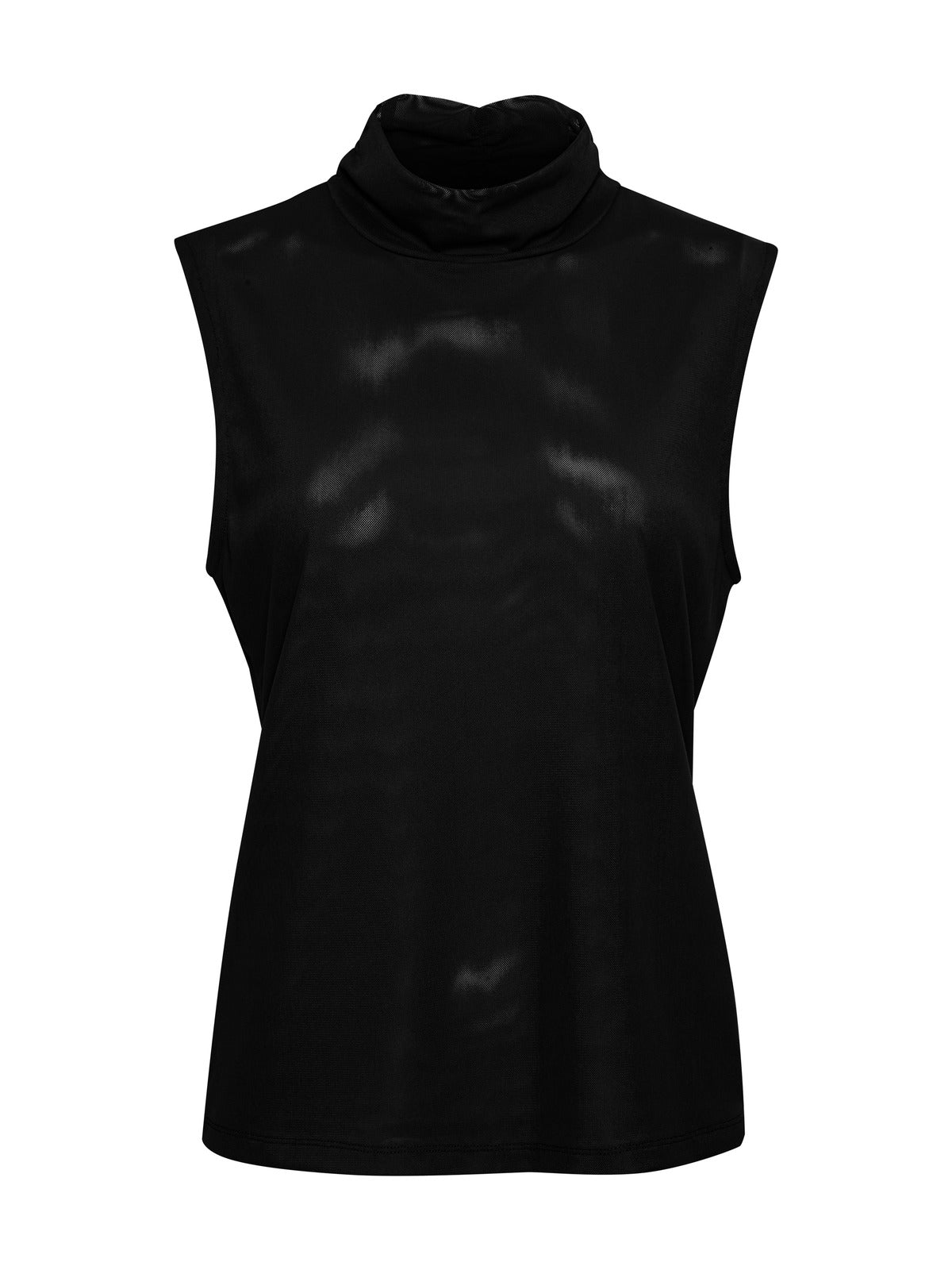 A sleeveless black turtleneck top from Sanctuary Clothing's Inclusive Collection. Named the Shirred Neck Mesh Tank Black, it is crafted from a shiny, slightly reflective fabric. The design exudes simplicity and elegance with its high, shirred neckline and loose fit. The plain white background emphasizes the garment's sleek and modern style.