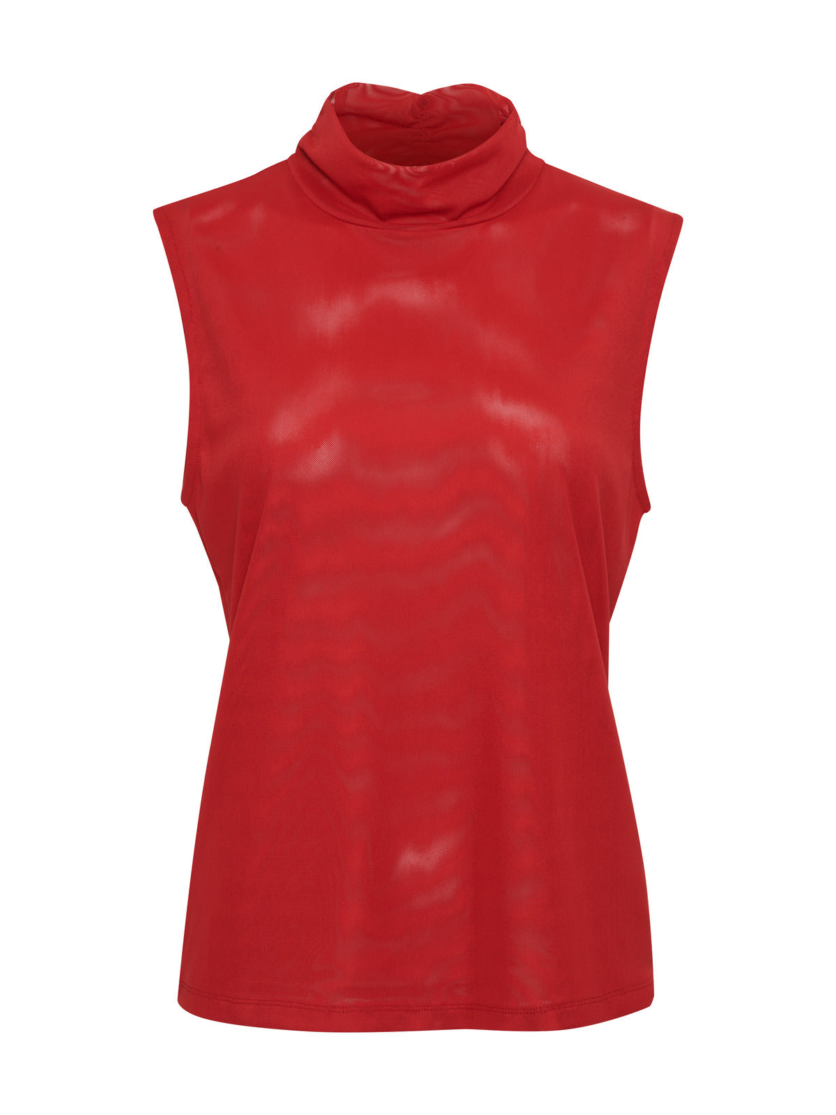 A Shirred Neck Mesh Tank Cherry Red from Sanctuary Clothing's Inclusive Collection. This sleeveless top is crafted from a smooth, slightly shiny fabric and boasts a relaxed fit with a high neckline, free of any visible design elements or patterns. It is photographed against a plain white background.