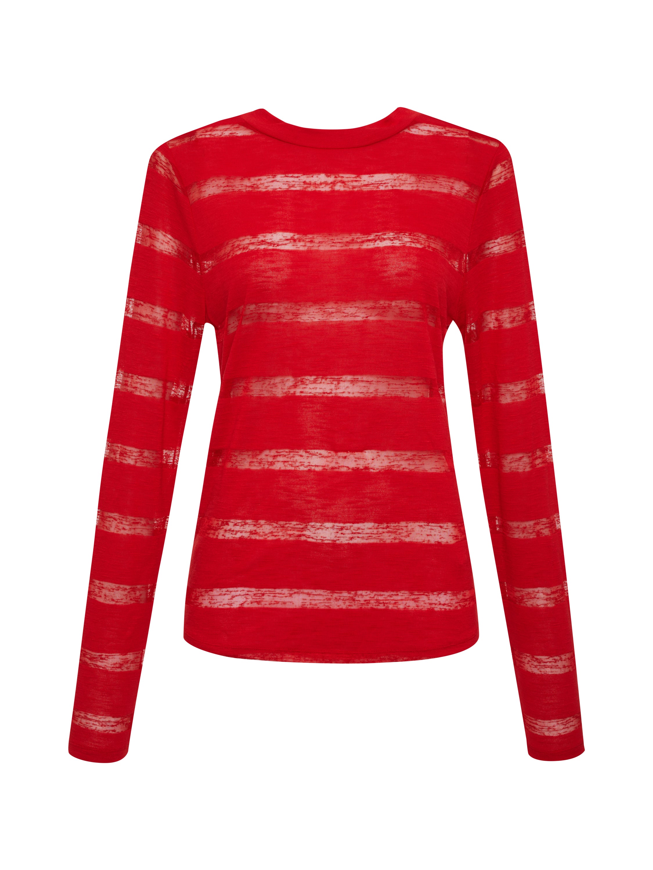 Product: Sanctuary Clothing's semi sheer stripe tee in mars red, featuring long sleeves with transparent horizontal stripes on a white background. This slightly sheer design offers a casual yet stylish look.