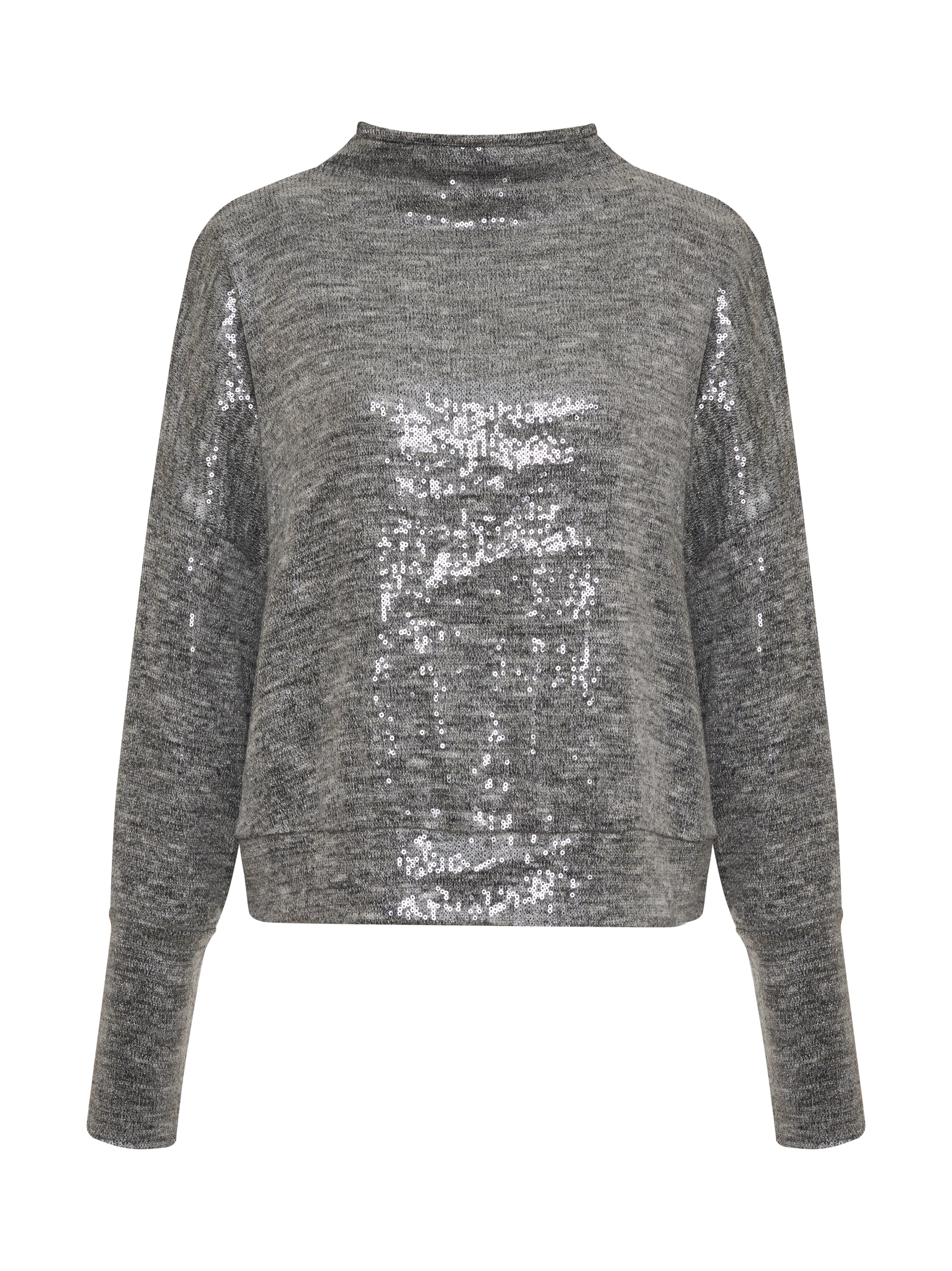 Introducing the "Sequin Funnel Neck Top" by Sanctuary Clothing, featuring a heather grey finish with a shimmering sequin front design. This top boasts long sleeves and a funnel neckline, effortlessly blending glamour with casual style.