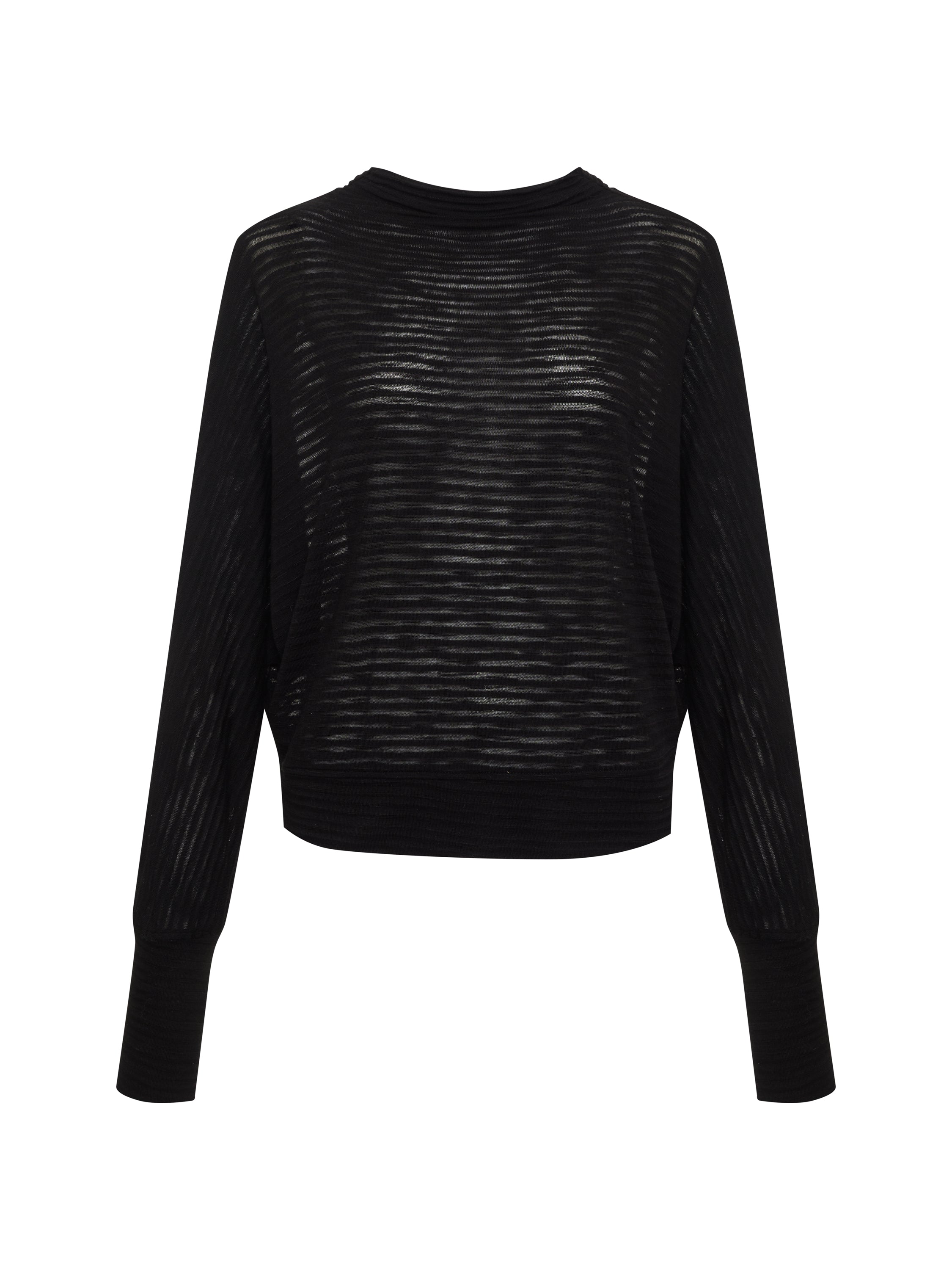 Sheer stripe funnel neck top in black by Sanctuary Clothing, featuring a striped pattern with a slightly transparent quality. The top has a funnel neckline and offers a loose fit.