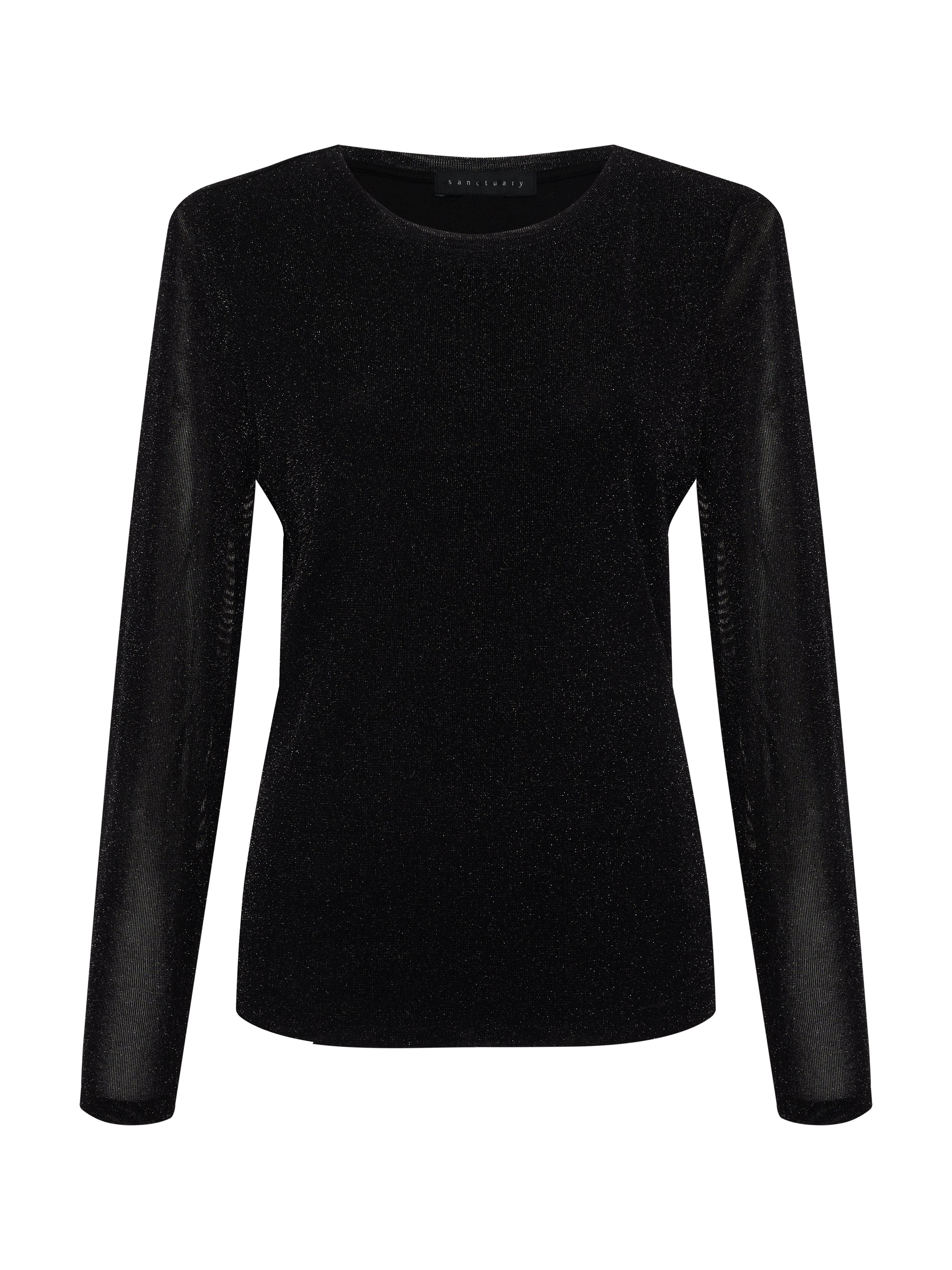 The "Sparkle Mesh Perfect Tee" in black from Sanctuary Clothing is a long-sleeved top featuring a glittery finish and a round neckline. The fabric is soft with a subtle shimmer, and the design remains simple without any visible buttons or zippers.