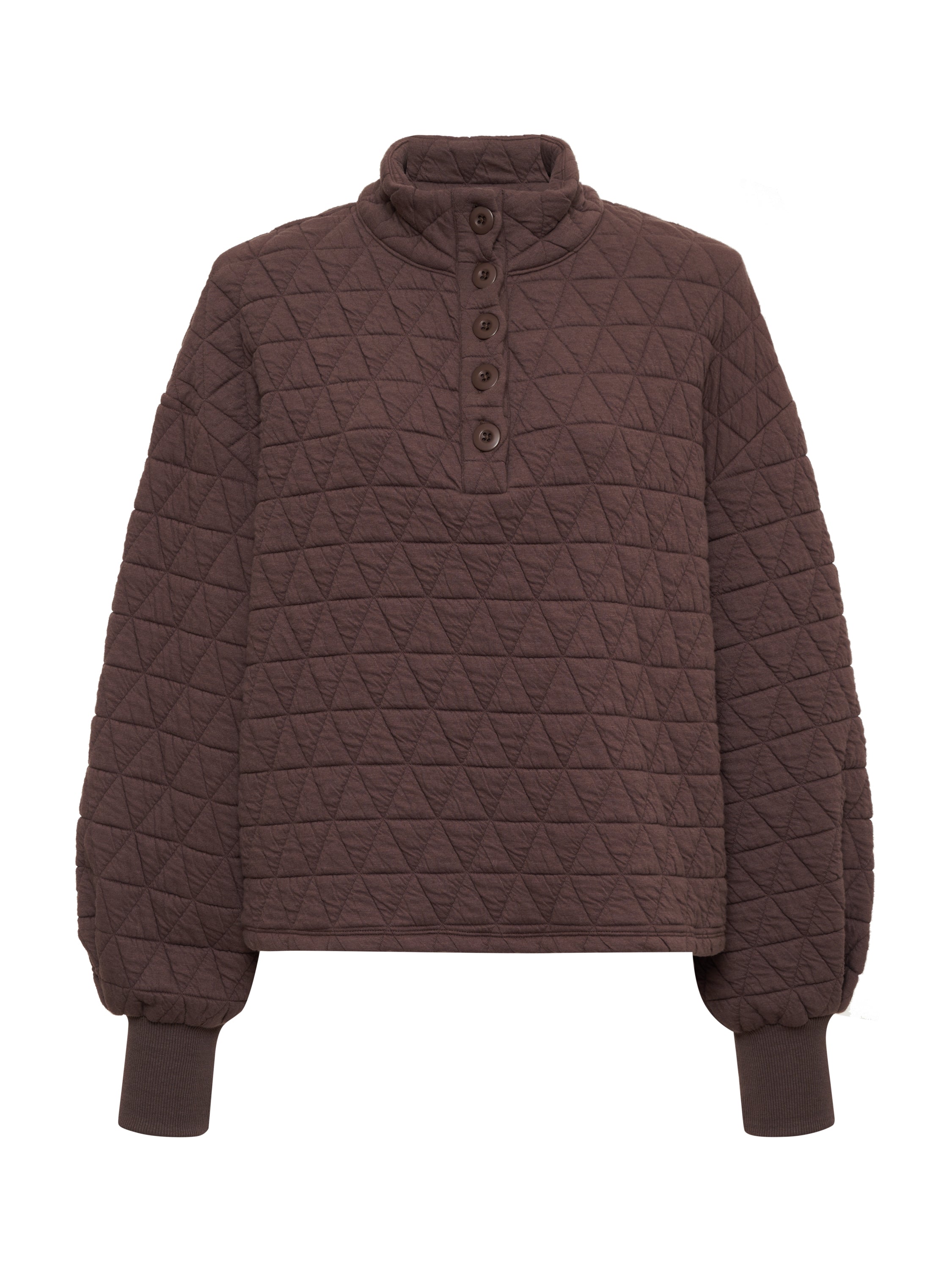 Introducing the cozy and casual "Quilted Button Up Popover Top Cocoa" from Sanctuary Clothing. This stylish piece features a high collar, buttoned placket, and long sleeves with ribbed cuffs. The brown pullover showcases a charming diamond-patterned texture, making it a perfect addition to any wardrobe.