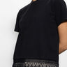 A person is wearing a Sanctuary Clothing "lace remix tee black" featuring intricate crochet detailing at the hem, paired with light-colored pants against a plain white background.