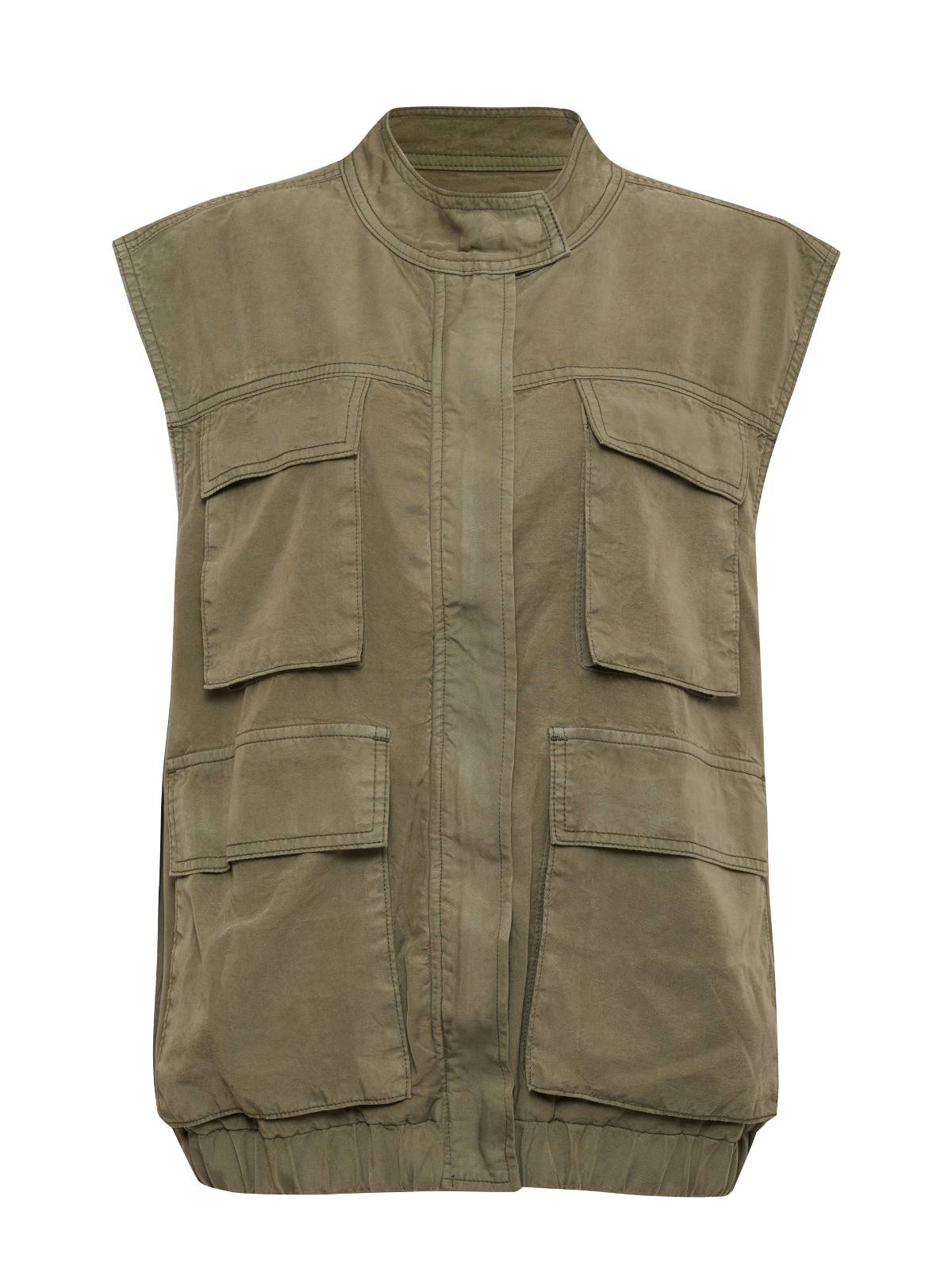 The Field Utility Vest Washed Olive by Sanctuary Clothing is an olive green, sleeveless vest with a high collar. It features four large, symmetrical flap pockets on the front—two on the chest and two at waist level. The vest has a rugged appearance, making it ideal for outdoor activities.