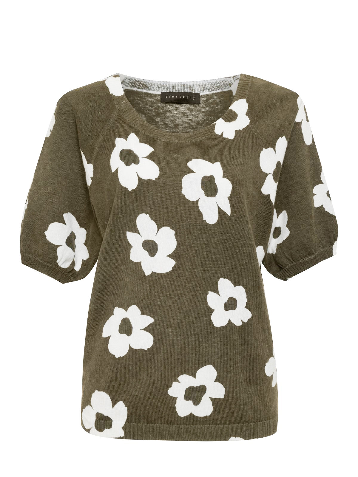 The Sunny Days Sweater Burnt Olive Pop by Sanctuary Clothing is a short-sleeve green sweater with a round neckline, adorned with a white floral pattern throughout. The flowers boast a simplistic and abstract design, complemented by elasticized cuffs on the sleeves and a fitted hemline.