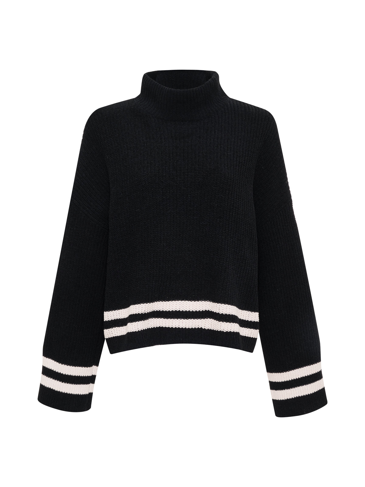 The Stay Cozy Sweater Black Toasted Stripe from Sanctuary Clothing is a black turtleneck sweater with long sleeves, featuring white stripes near the sleeve cuffs and bottom hem. It has a relaxed, slightly oversized fit and a ribbed texture.