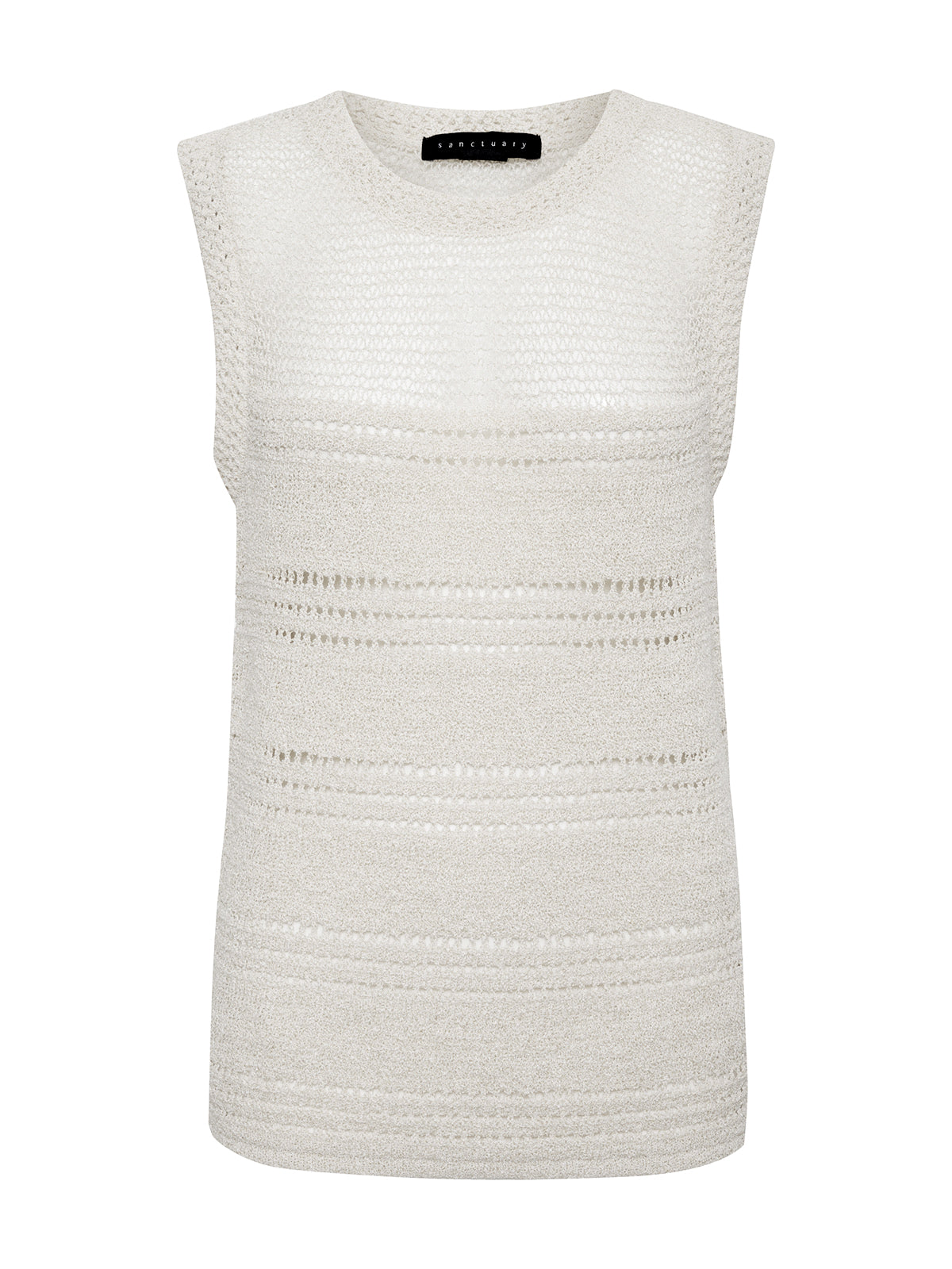 The Waves Of Summer Shell Birch by Sanctuary Clothing is a sleeveless, off-white knitted top with a round neckline. The fabric features a mix of solid and sheer horizontal stripes, giving it a textured look. A black label with white text is stitched to the inside of the neckline.