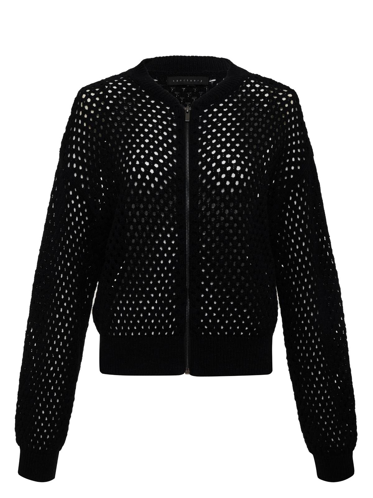 The Stepping Out Bomber Black by Sanctuary Clothing is a lightweight and airy black knit sweater with a perforated pattern that creates a see-through effect. It features a full front zipper closure, long sleeves, and ribbed cuffs and hem.