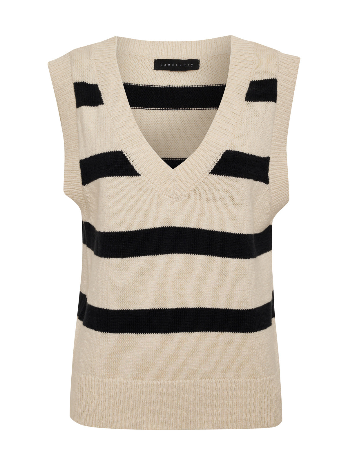 The Sweater Shell Eco Natural Black Stripe by Sanctuary Clothing, part of the Inclusive Collection, is a sleeveless knit vest with a beige base and black horizontal stripes. It features a V-neckline, as well as ribbed hem and neckline details. Additionally, there is a small pocket on the left chest area.