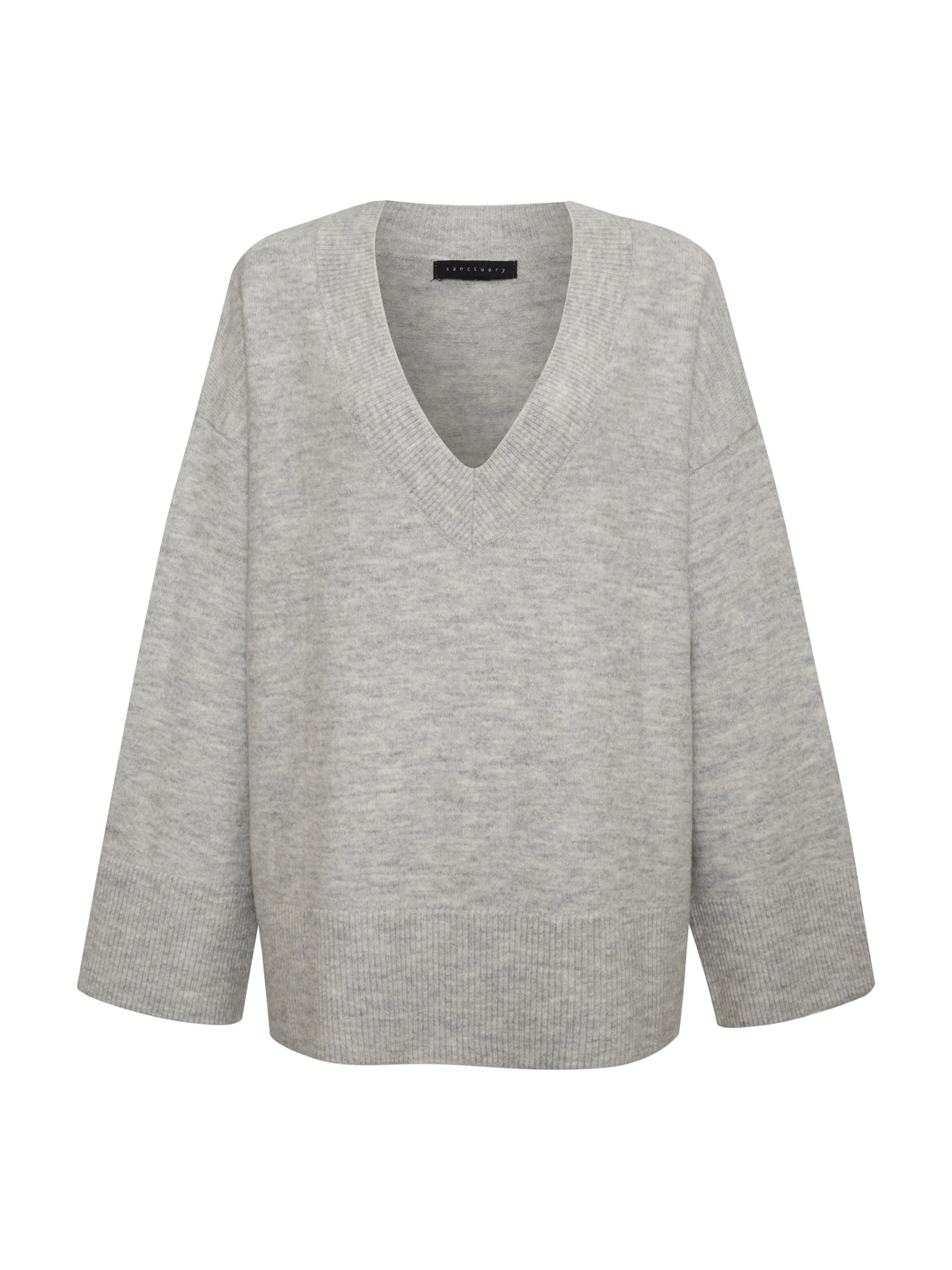 The Street Chic Sweater in Heather Grey by Sanctuary Clothing is displayed against a plain white background. This sweater features long sleeves, a relaxed fit, a wide V-neckline, and ribbed detailing on the hem and cuffs.