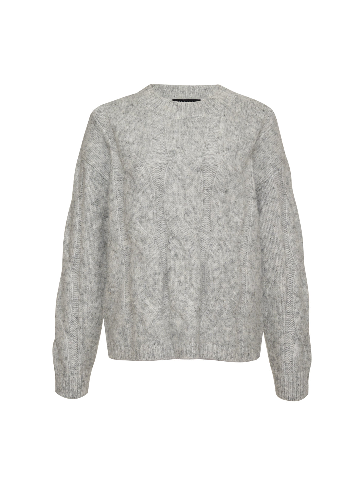 The Cable Crew Heather Grey by Sanctuary Clothing is a long-sleeved, cable-knit sweater featuring a round neckline. The light gray sweater boasts a textured pattern and looks to be made of a soft, cozy material.