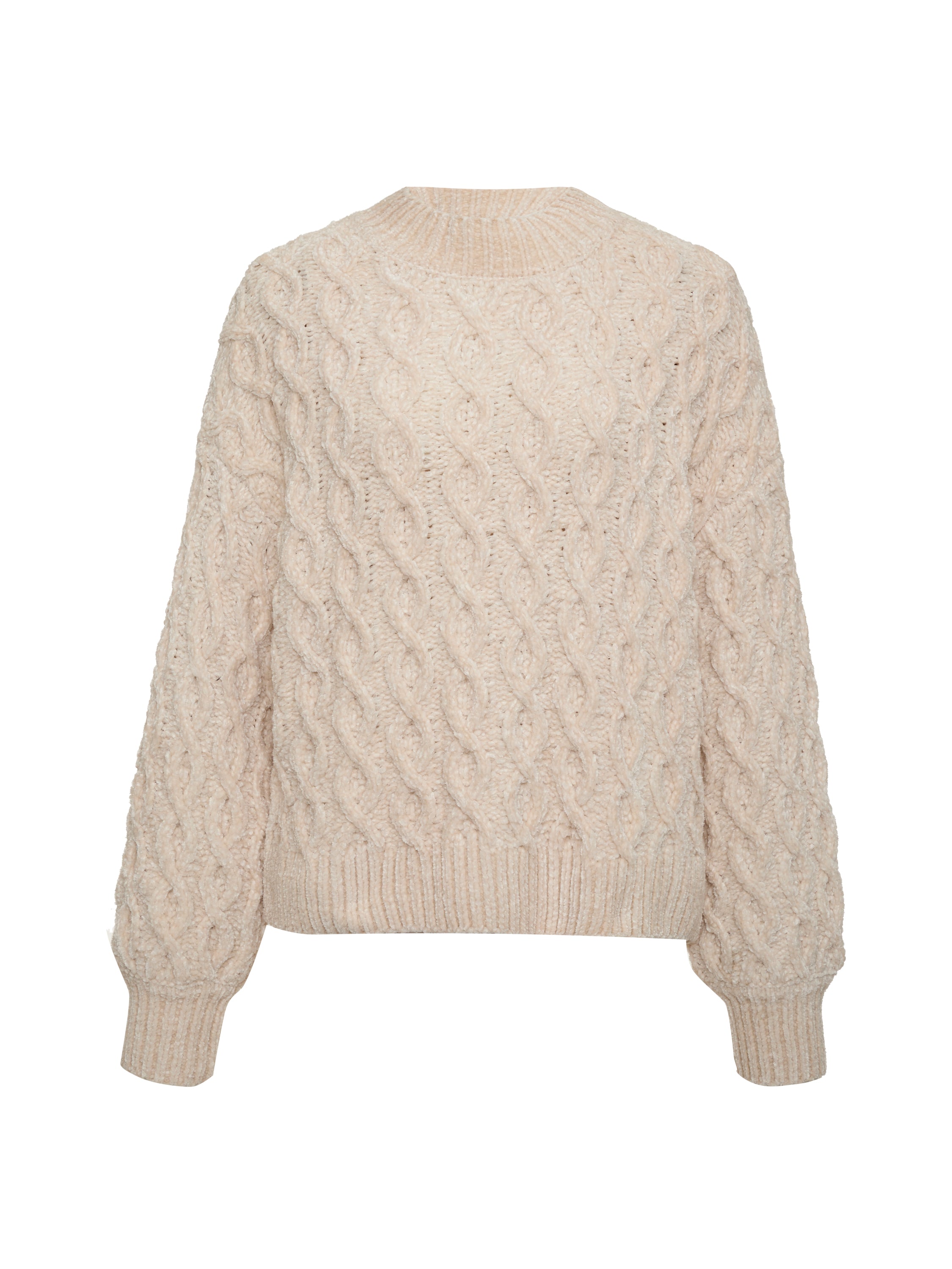 The Sanctuary Clothing cable mock neck sweater in light almond features a chunky cable-knit texture with ribbed cuffs and hem, offering a cozy and stylish appearance.