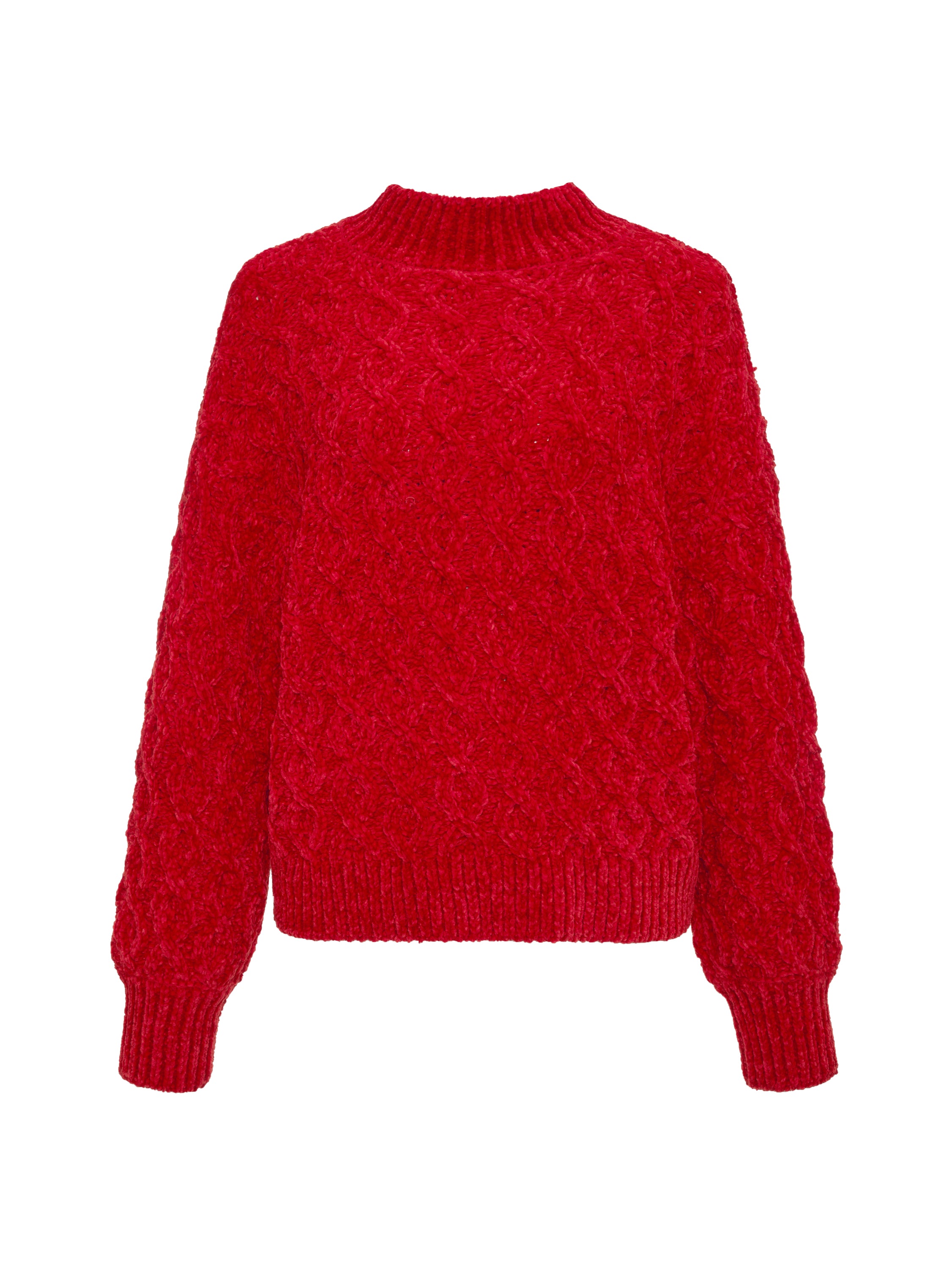 Introducing the cable mock neck sweater in mars red from Sanctuary Clothing, featuring a vibrant hue with a cable-knit design and long sleeves. This sweater boasts ribbed detailing on the neckline, cuffs, and hem, showcased against a simple white backdrop.