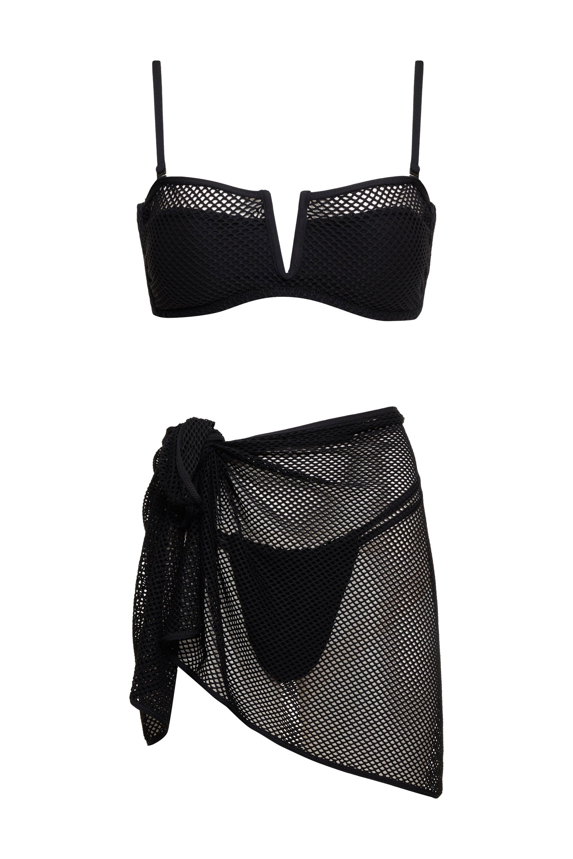 A black V-neck mesh bikini top paired with the Sanctuary Clothing Short Pareo Black, a high-waisted mesh skirt that ties at the side. The mesh material gives it a stylish and revealing beachwear look.