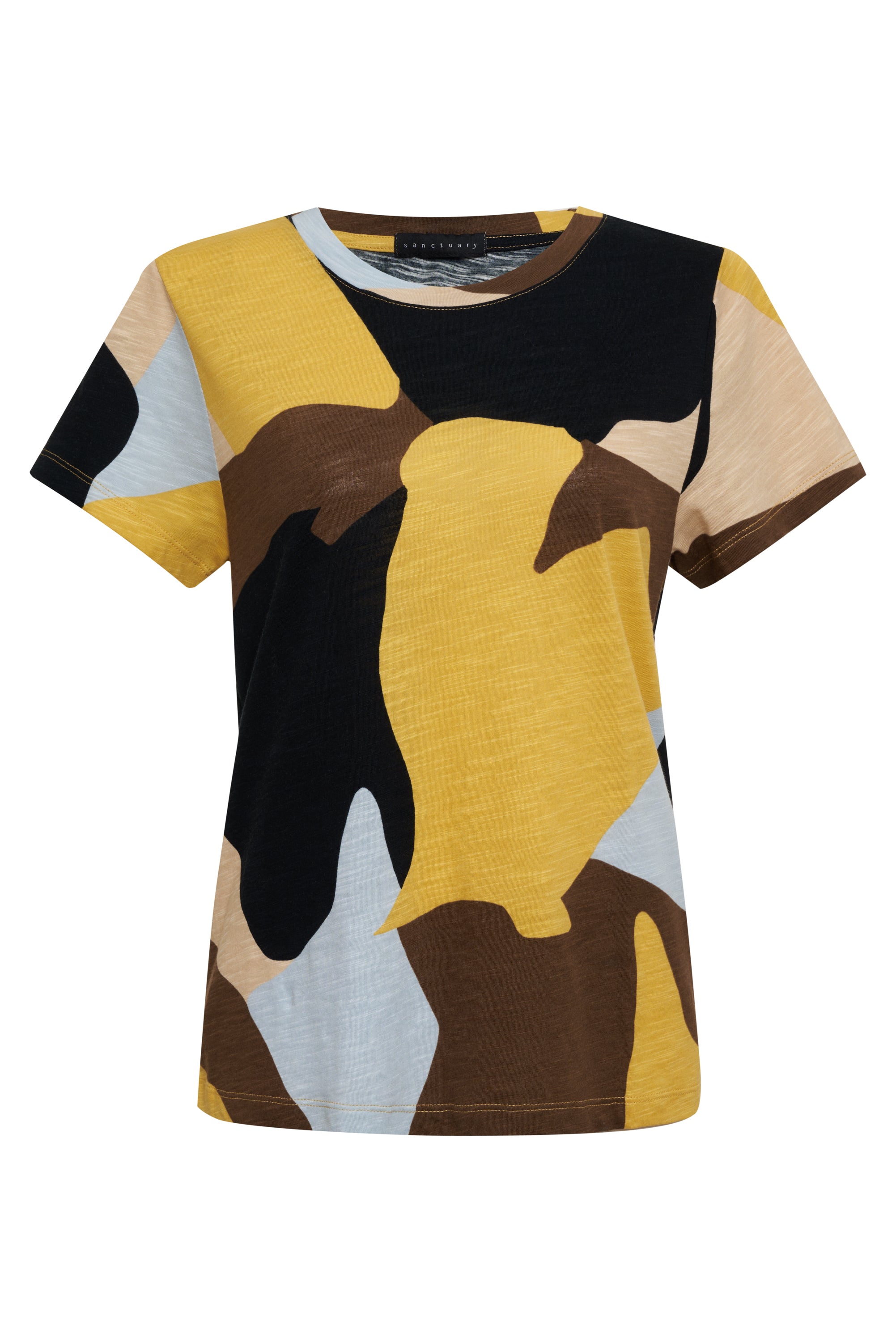 Introducing The Perfect Tee Sky Escape by Sanctuary Clothing—a short-sleeved t-shirt showcasing a striking multicolored camouflage pattern. Featuring bold patches of black, yellow, brown, light blue, and beige, this shirt is designed with a round neckline and offers a casual, relaxed fit.