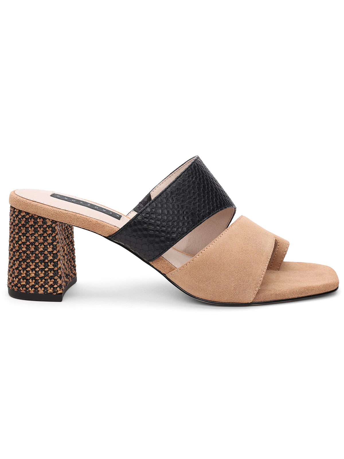 Side view of the Brisk Sandal Cafe Black by Sanctuary Clothing, a stylish women's sandal with a block heel. The shoe features a beige suede front strap, a black textured middle strap, and a patterned heel. The design combines different textures and colors for a chic, modern look.