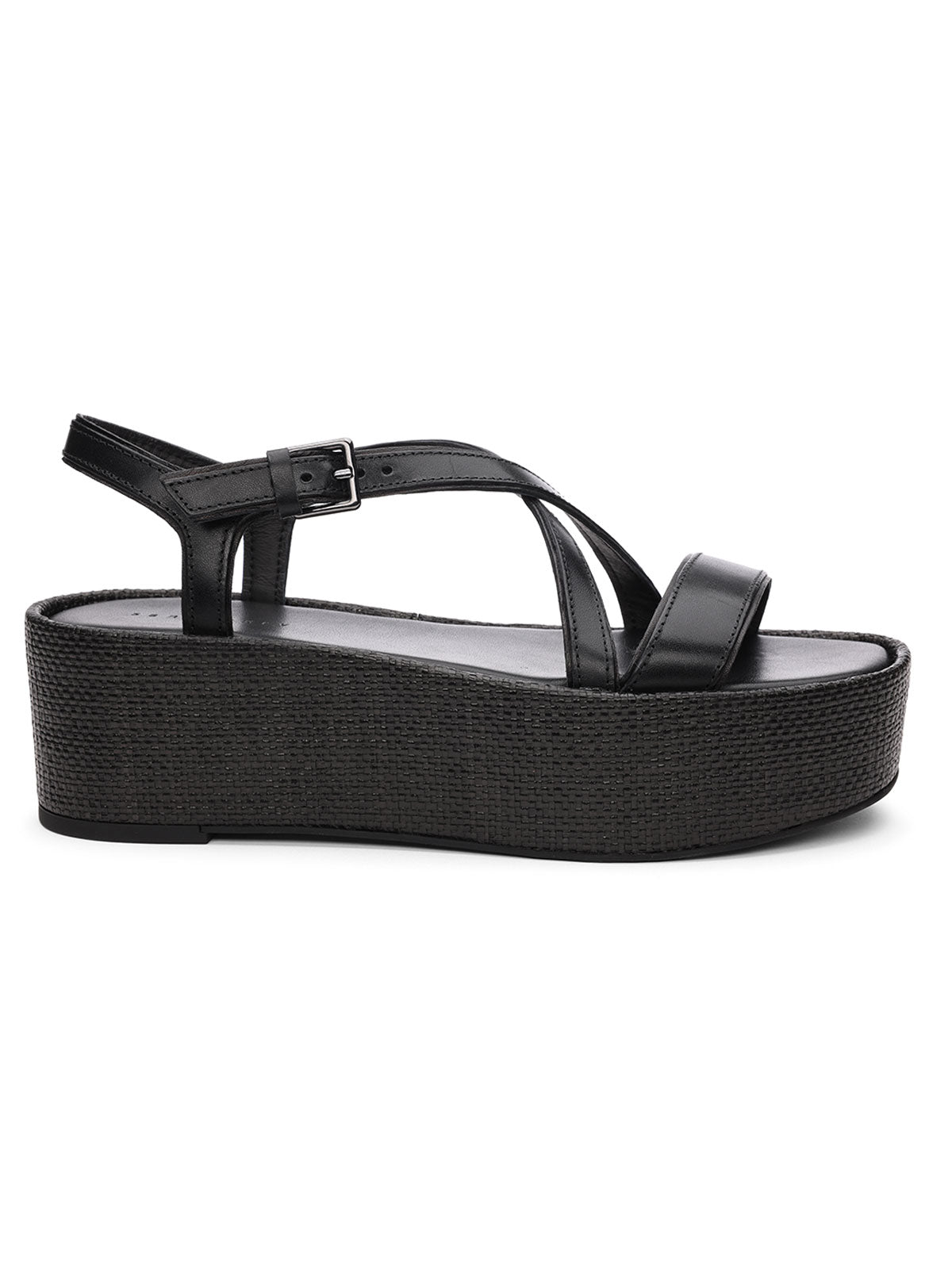 Sanctuary Clothing's Define Sandal in Black features a platform design, thick textured sole, and multiple thin straps crossing over the top of the foot. It includes an adjustable buckle strap around the ankle and is displayed in a side view against a white background.