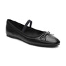 The Facile Ballet Flat Black by Sanctuary Clothing features a small bow on the toe and an elastic strap across the instep. The shoe has a rounded toe and boasts a simple, elegant design.