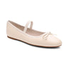 The Facile Ballet Flat Milk by Sanctuary Clothing is a single beige ballet flat featuring a small decorative bow on the front. It includes a thin elastic strap over the instep for added security. The design is simple and elegant, making it suitable for both casual and semi-formal wear.