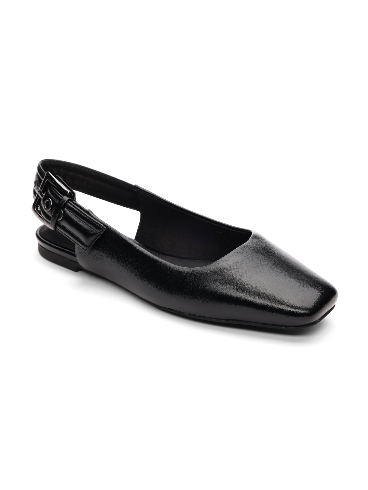 The "Kitchy Slingback Flat Black" by Sanctuary Clothing is a sleek, black leather slingback flat shoe featuring a low heel, square toe, and a buckle strap at the back. This shoe is simple and elegant, making it suitable for both casual and formal wear.