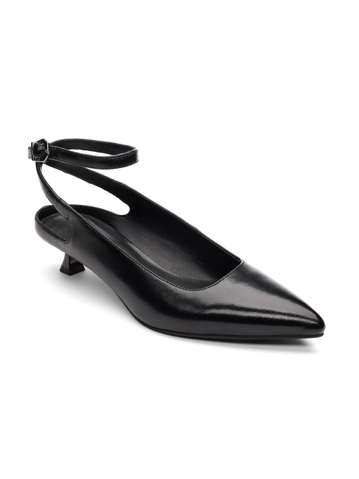 The Magic Pump Black from Sanctuary Clothing is displayed against a white background. It boasts a sleek, minimalistic design with a sharp pointed toe, an elegant ankle strap with a small buckle, and a low block heel.