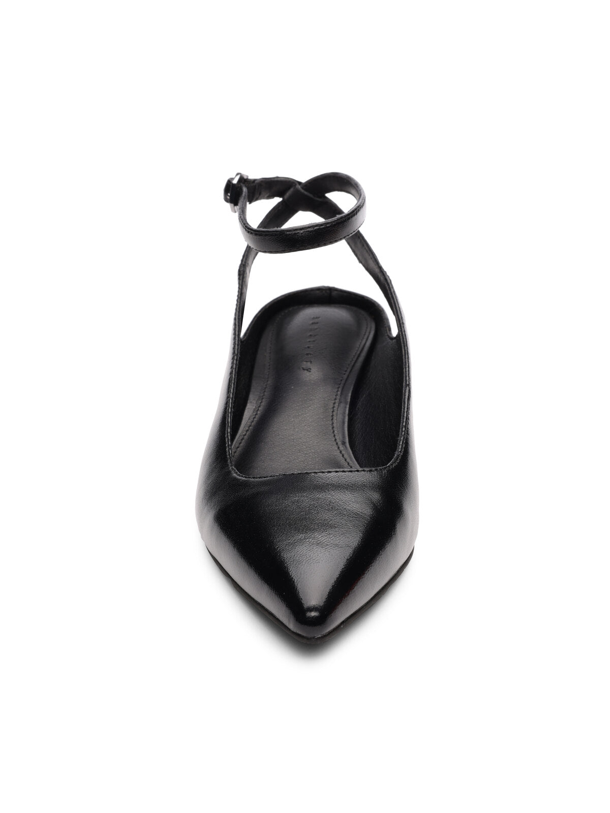 Front view of the Magic Pump Black pointed-toe flat shoe by Sanctuary Clothing, featuring an ankle strap. The sleek, minimalist design is crafted from a smooth material.