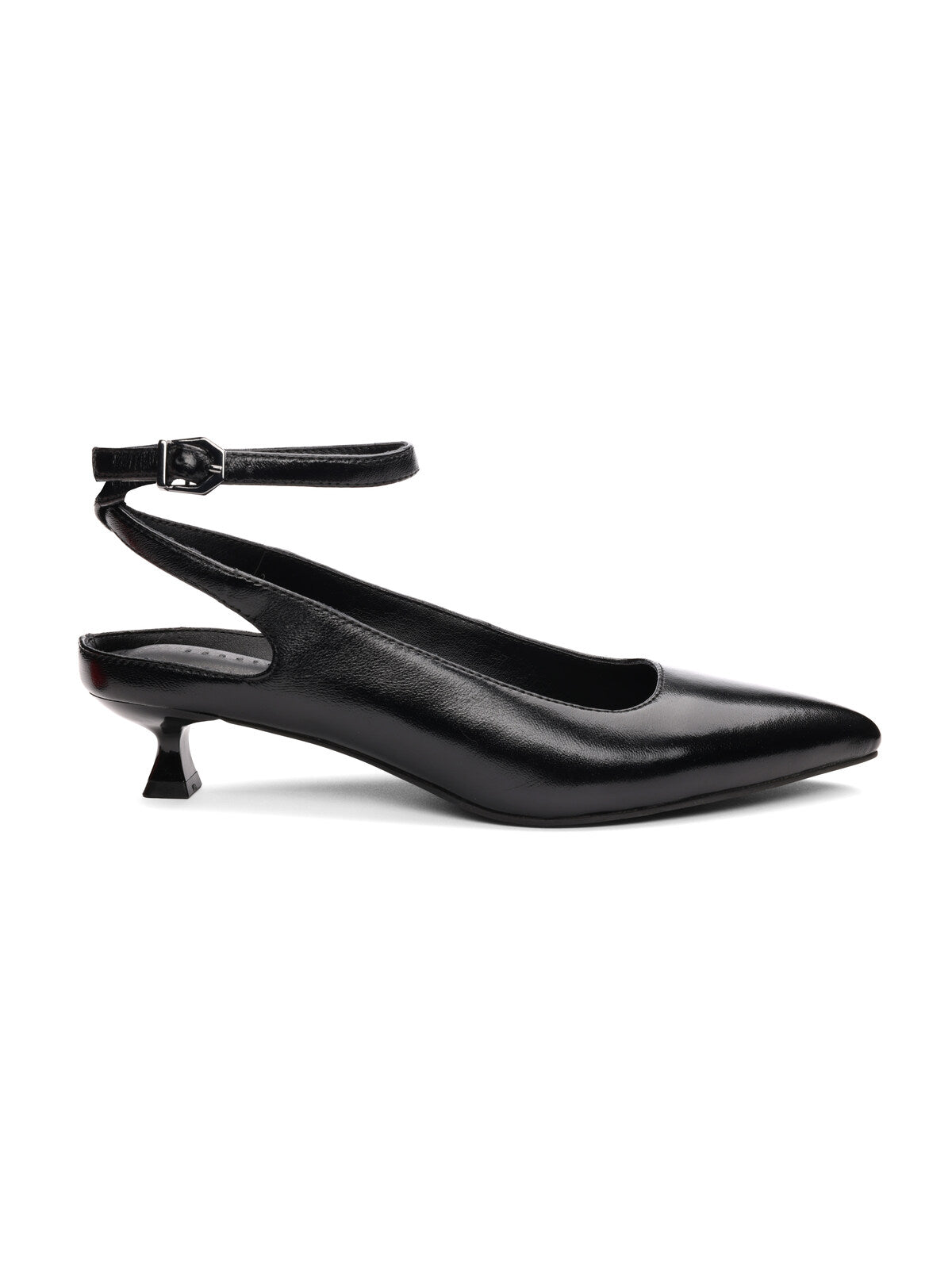 The Magic Pump Black by Sanctuary Clothing is a single black leather women's shoe featuring a pointed toe, low kitten heel, and an adjustable ankle strap with a small buckle. Its sleek and elegant design makes it perfect for formal or professional settings.