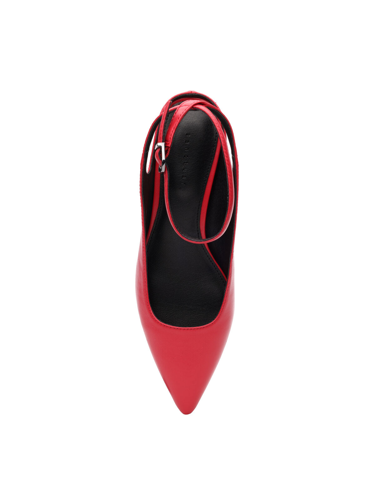 Top view of the Sanctuary Clothing's Magic Pump Red, a sleek, elegant shoe with a pointed toe and thin ankle strap featuring a silver buckle. The design includes a black insole for added sophistication.