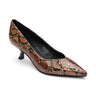 The Padma Pump Brown Black by Sanctuary Clothing is a pointed-toe, low-heeled shoe featuring a snake print pattern in shades of brown, beige, and black. It boasts a sleek, narrow design with a short, tapered heel and a black inner lining.