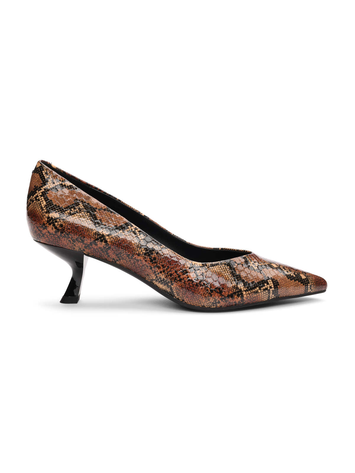 The Padma Pump Brown Black by Sanctuary Clothing is a single high heel shoe featuring a brown and black snakeskin-patterned design. It boasts a pointed toe, a short, angled heel, and a glossy finish for an elegant look. The inner lining is black.