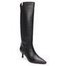 The Phoenix Tall Boot Black by Sanctuary Clothing is a single knee-high boot crafted from sleek, smooth leather with a pointed toe and a narrow stiletto heel. It features a subtle split at the top edge, creating a minimalist and elegant design.