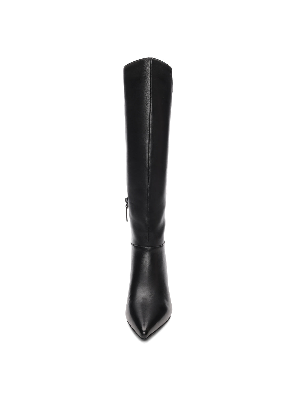 The Sanctuary Clothing Phoenix Tall Boot Black is a single, knee-high boot with a pointed toe and a smooth leather finish, shown from the front. This black boot features a side zipper and is displayed on a plain white background.