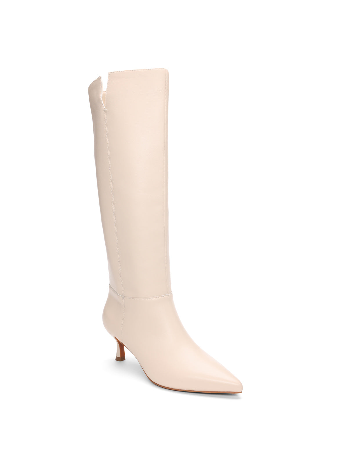 The Phoenix Tall Boot Milk by Sanctuary Clothing is a cream-colored, knee-high boot with a pointed toe and mid-height stiletto heel, showcased against a plain white backdrop. The top of the boot has a slight asymmetrical cut.