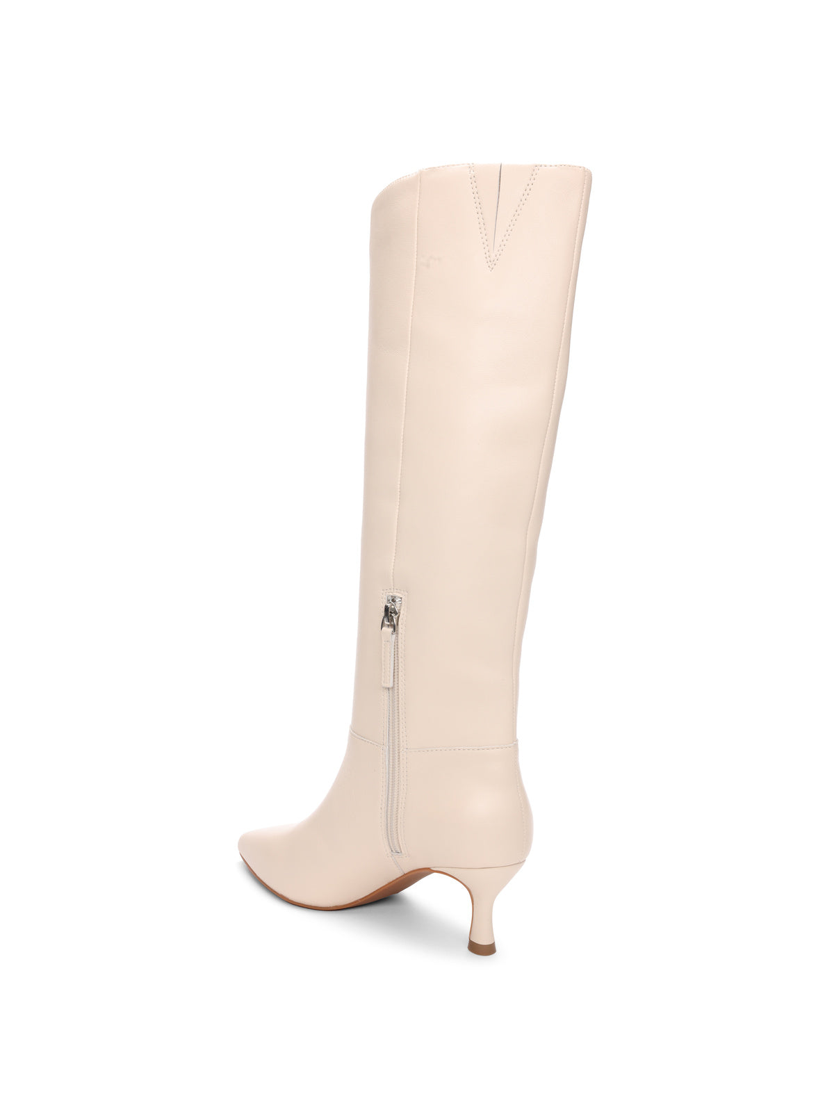 The Phoenix Tall Boot Milk from Sanctuary Clothing is showcased against a white background. This single knee-high boot in light beige features a side zipper, small stiletto heel, smooth leather-like finish, and pointed toe.