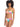 A woman with curly hair stands wearing the Sanctuary Clothing Daytripper Bandeau Bikini Top Multi. The colorful camo-patterned bikini features a mix of green, pink, purple, yellow, and brown hues on both the bandeau top and matching bottoms. She is posing against a white background.