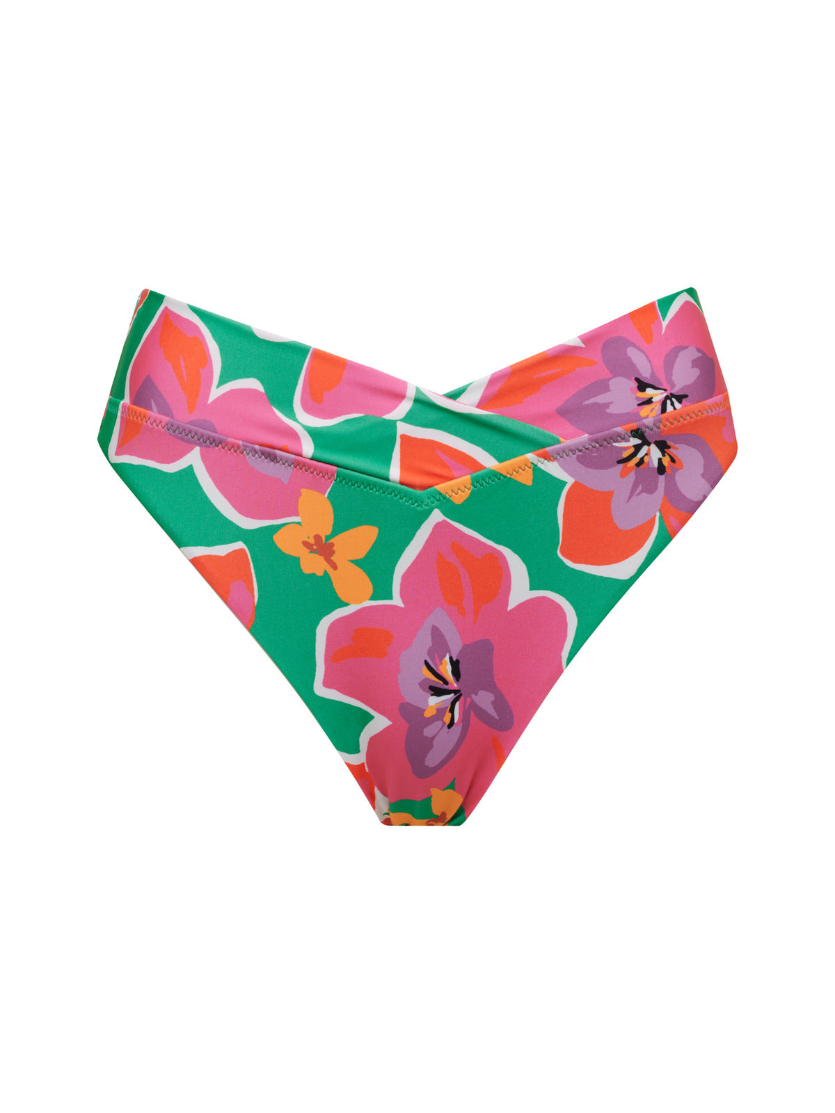 The "Super Bloom V Waist Bikini Bottom Multi" by Sanctuary Clothing is a colorful women's bikini bottom adorned with a vibrant floral pattern featuring pink, orange, and purple flowers on a green background. It also boasts a stylish criss-cross waistband design.