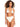 A woman with curly hair stands wearing the Sea Crochet High Rise Bikini Bottom in White Sand by Sanctuary Clothing. The top features a halter neck design with mesh detailing, and the bottoms are high-waisted. She is looking forward with a neutral expression against a plain white background.