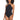 A woman with curly hair wears the Sandbar Solids High Neck One Piece Swimsuit in black by Sanctuary Clothing, characterized by a sleek high neckline and thin shoulder straps. She stands against a white background.