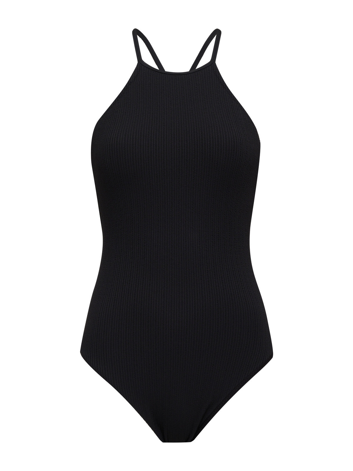 The Sandbar Solids High Neck One Piece Swimsuit in black by Sanctuary Clothing features a sleek, simple design with finely ribbed fabric, creating a subtle striped effect. This one-piece swimsuit showcases a high neckline and thin shoulder straps, and comes without any visible embellishments or patterns.