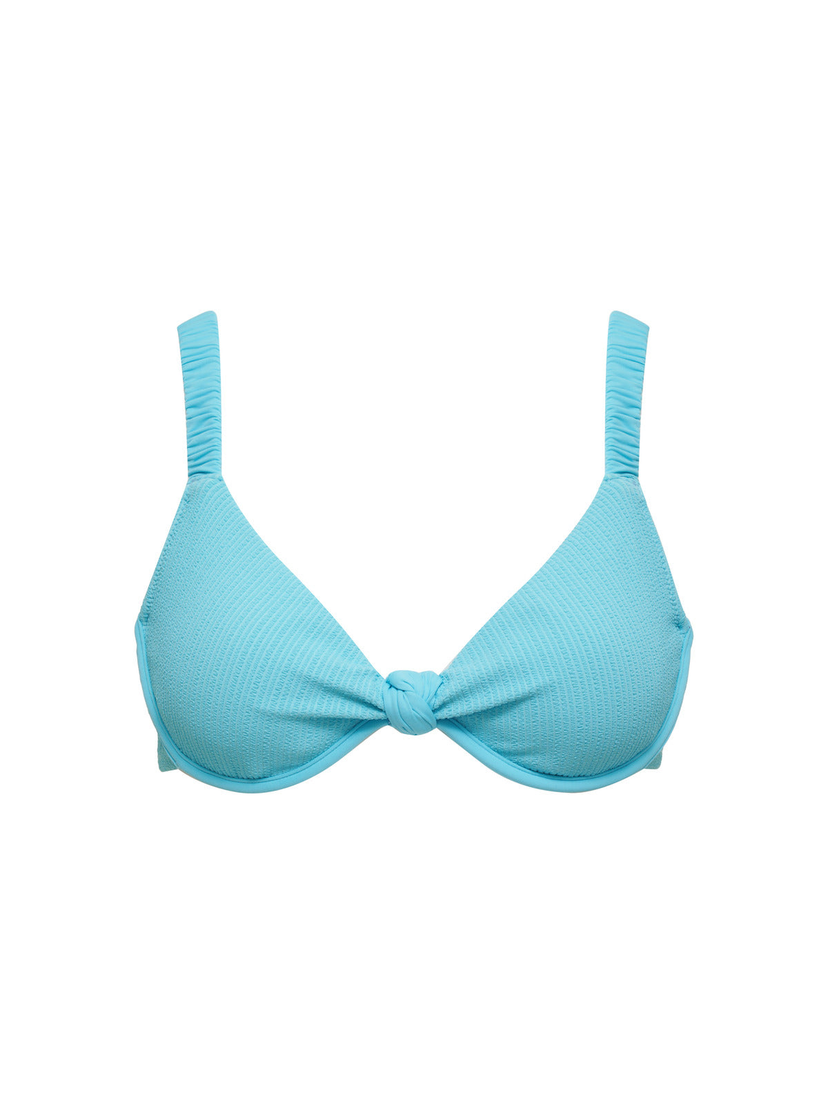 The Sandbar Solids Underwire Bikini Top Curacao by Sanctuary Clothing is light blue with textured fabric and wide straps. This bikini top features a front tie knot in the center, adding a stylish touch. The background is plain white.