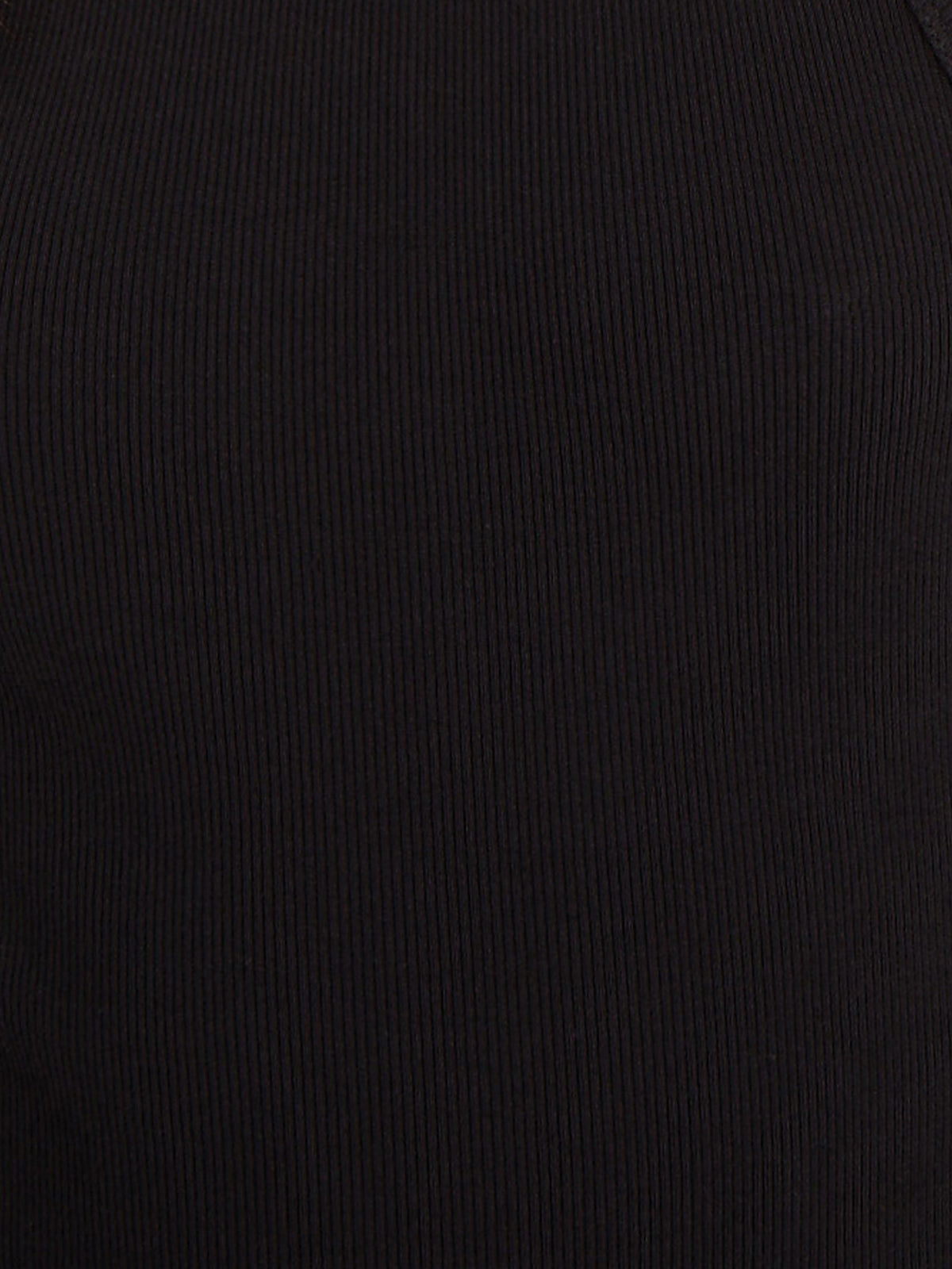 A close-up view of the Ribbed Tank Top Black from Sanctuary Clothing reveals a black ribbed fabric with vertical lines. The texture appears soft and slightly stretchy, making it ideal for clothing items like this tank top. The background is entirely filled with this fabric.