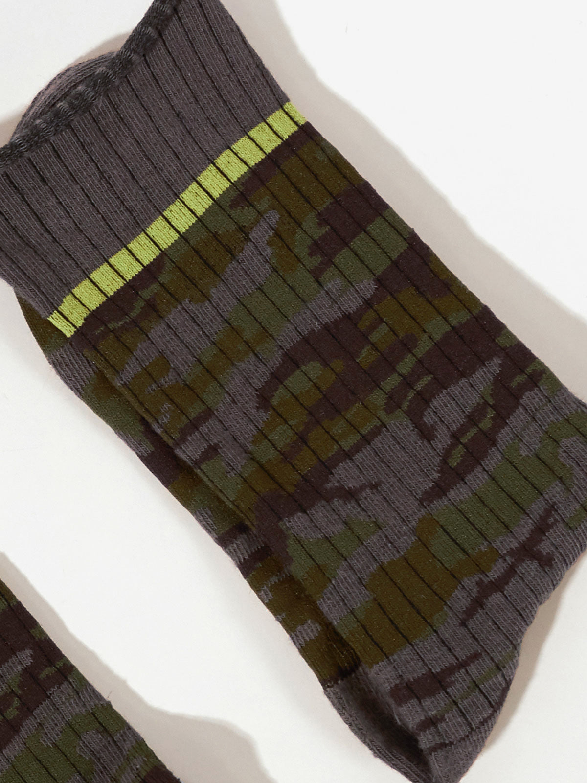 Close-up of a single Heritage Camo Sock by Sanctuary Clothing, featuring a camouflage pattern with shades of green and brown. There is a thin, horizontal, bright yellow stripe near the top of the sock. The sock is displayed against a plain white background.